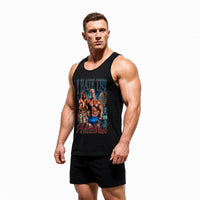 Model wearing Most Natty I Hate the Antichrist bodybuilding tank top showing front graphic print