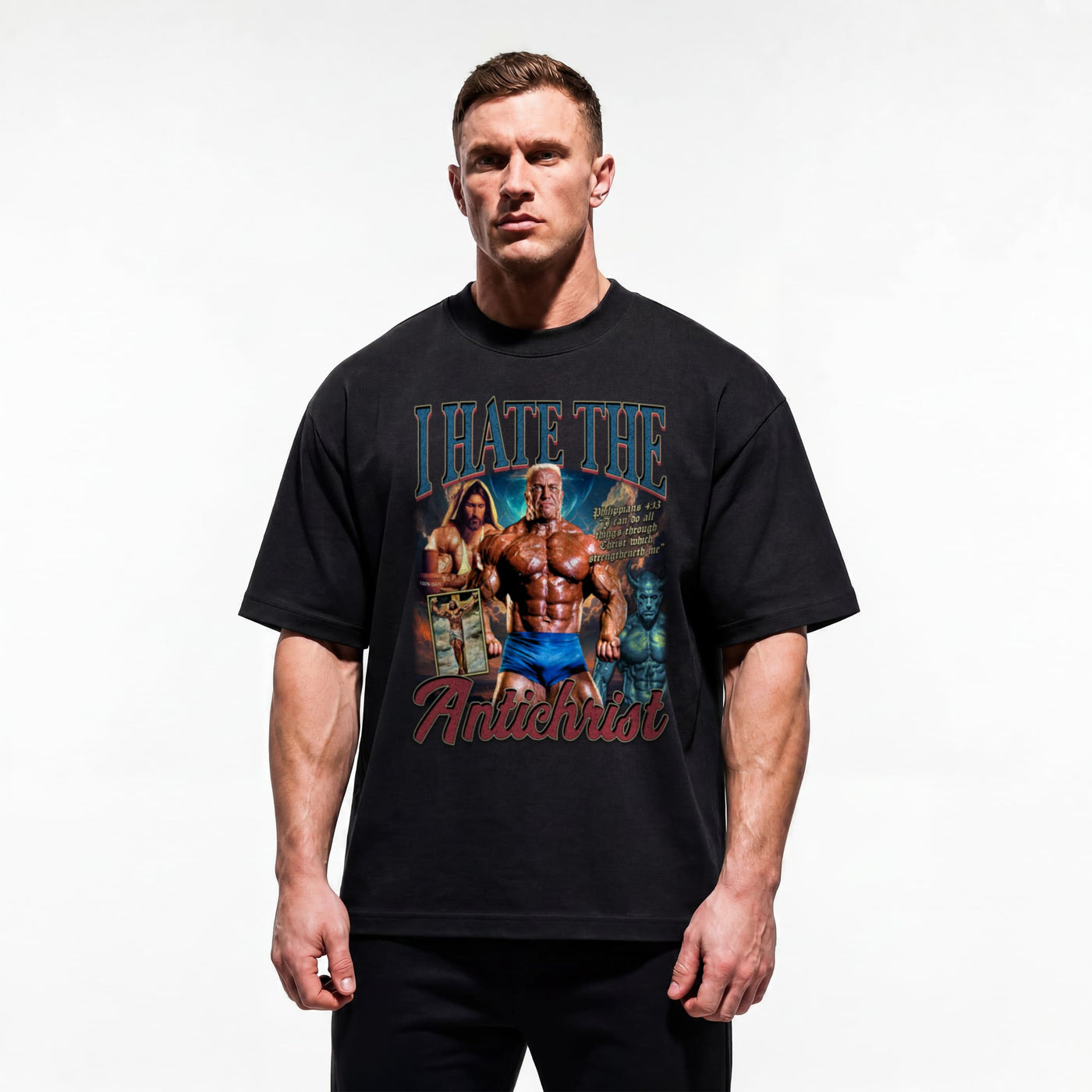Model wearing Markus Ruhl I Hate the Antichrist bodybuilding oversized t-shirt showing relaxed drop-shoulder fit