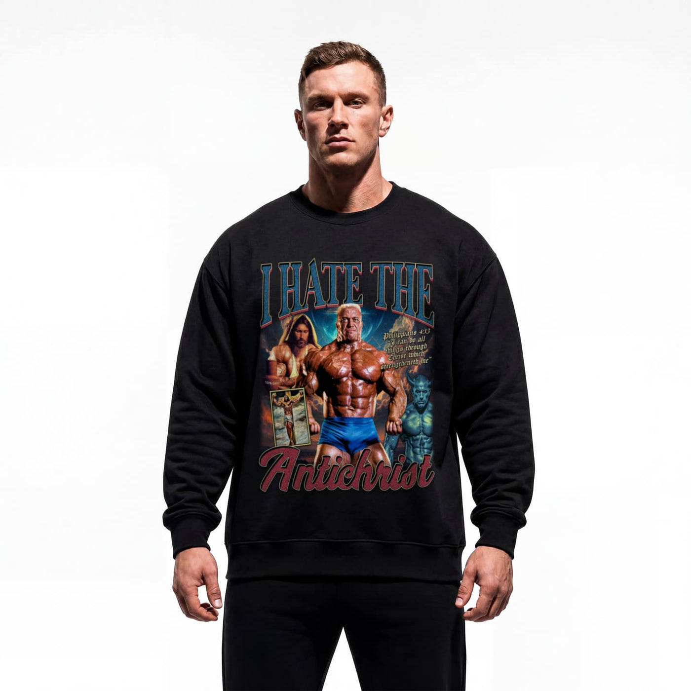 Model wearing Markus Ruhl I Hate the Antichrist bodybuilding pump cover crewneck showing relaxed fit