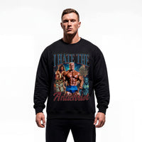 Model wearing Markus Ruhl I Hate the Antichrist bodybuilding pump cover crewneck showing relaxed fit