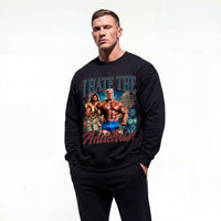 Model wearing Markus Ruhl I Hate the Antichrist bodybuilding pump cover crewneck showing front graphic print
