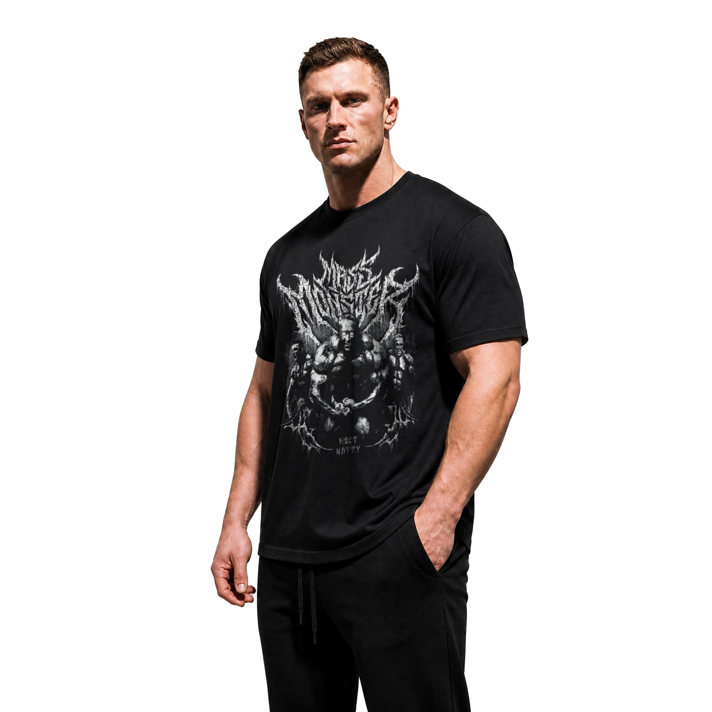 Model wearing Most Natty Mass Monster bodybuilding t-shirt showing front graphic print
