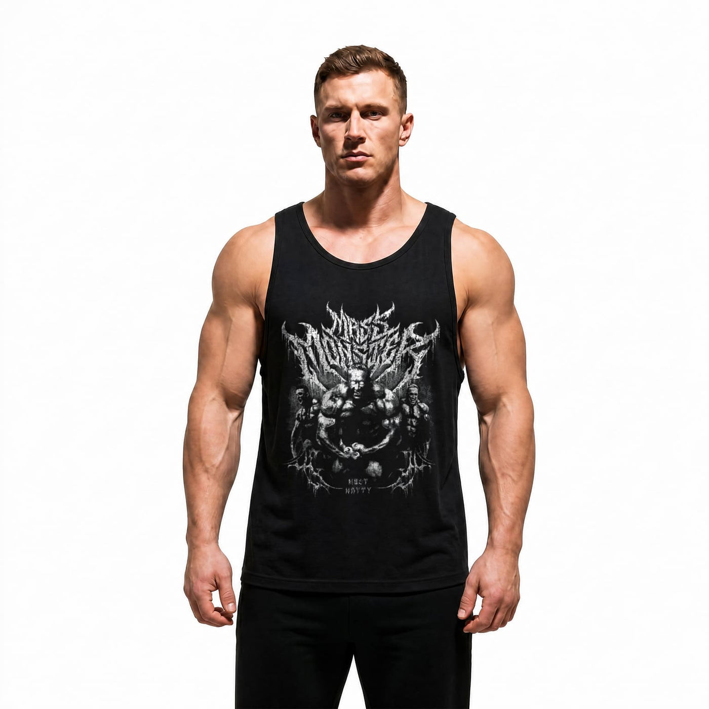 Model wearing Markus Ruhl Mass Monster bodybuilding tank top showing relaxed standard fit