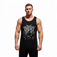 Model wearing Markus Ruhl Mass Monster bodybuilding tank top showing relaxed standard fit