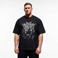 Model wearing Markus Ruhl Mass Monster bodybuilding oversized t-shirt showing relaxed drop-shoulder fit