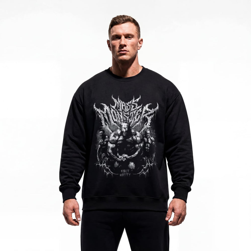 Model wearing Markus Ruhl Mass Monster bodybuilding pump cover crewneck showing relaxed fit