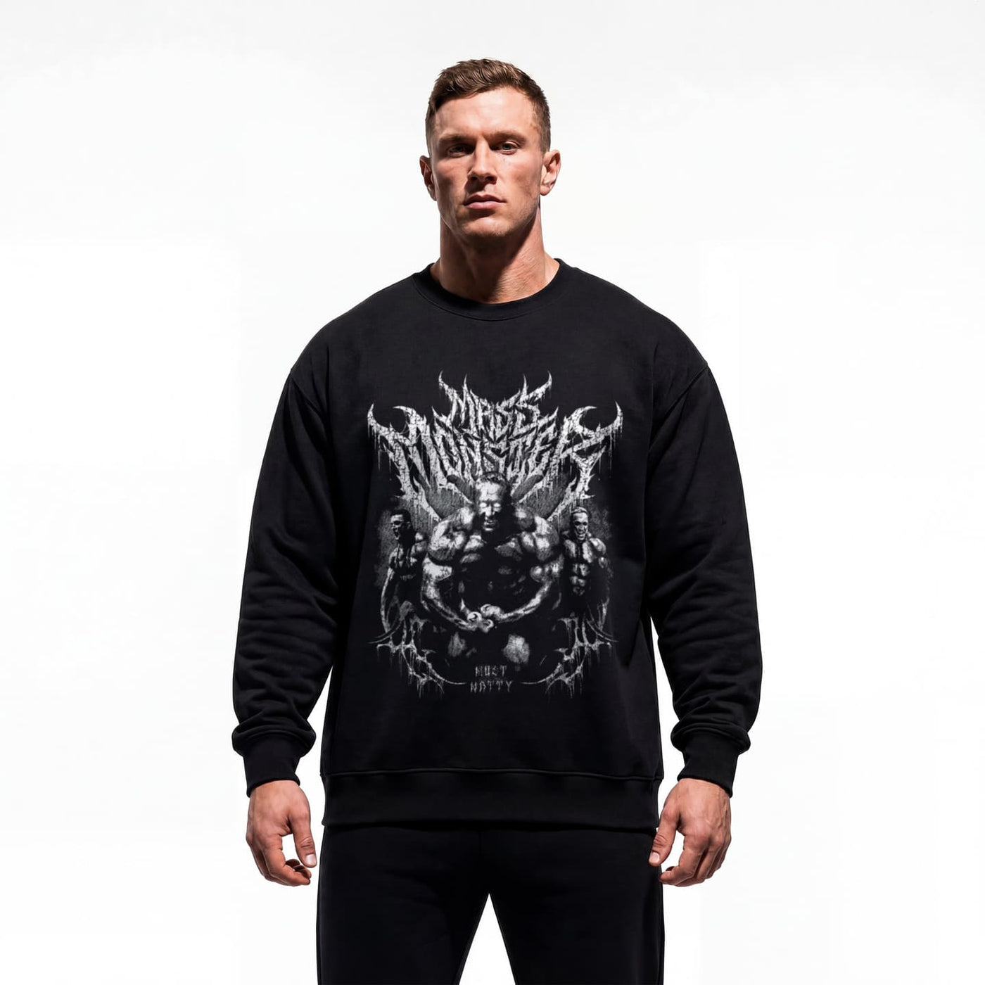 Model wearing Markus Ruhl Mass Monster bodybuilding pump cover crewneck showing relaxed fit