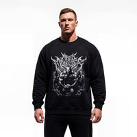 Model wearing Markus Ruhl Mass Monster bodybuilding pump cover crewneck showing relaxed fit