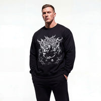 Model wearing Markus Ruhl Mass Monster bodybuilding pump cover crewneck showing front graphic print