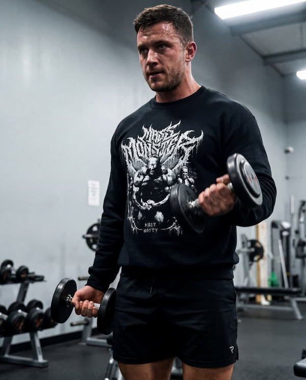Man in gym doing double bicep curls wearing Mass Monster sweatshirt in gym