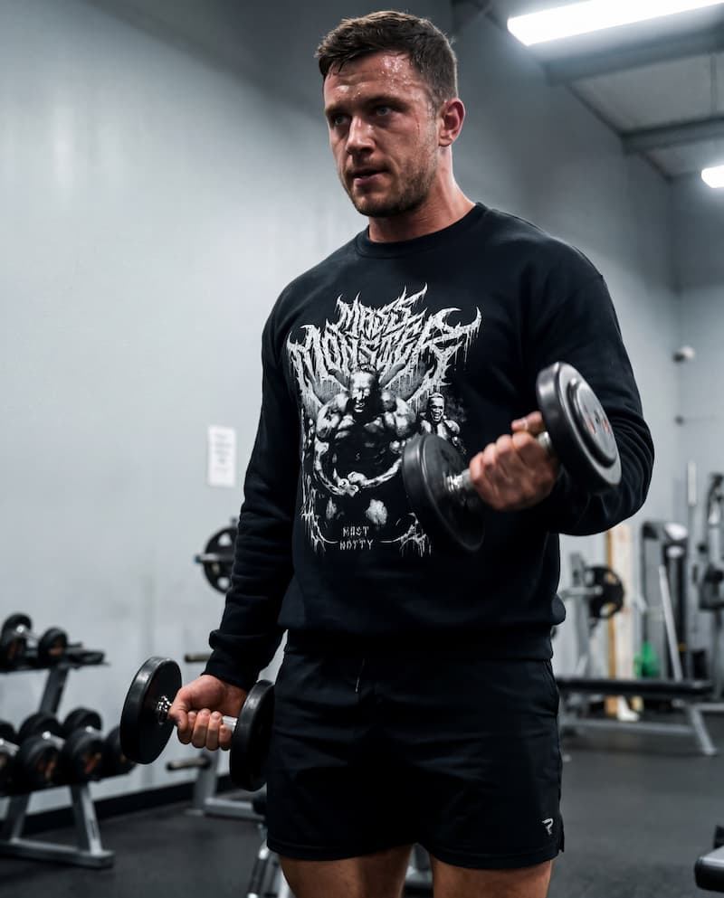 Man in gym doing double bicep curls wearing Mass Monster sweatshirt in gym