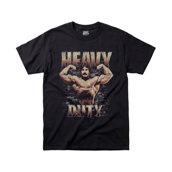 Mike Mentzer Heavy Duty gym t-shirt front flat lay on white background
