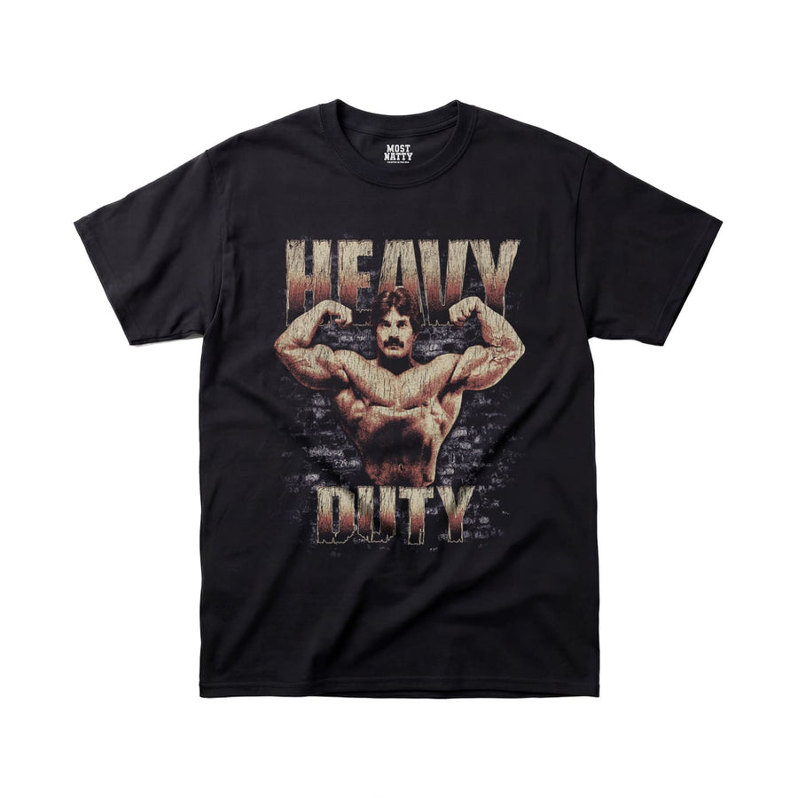 Mike Mentzer Heavy Duty gym t-shirt front flat lay on white background