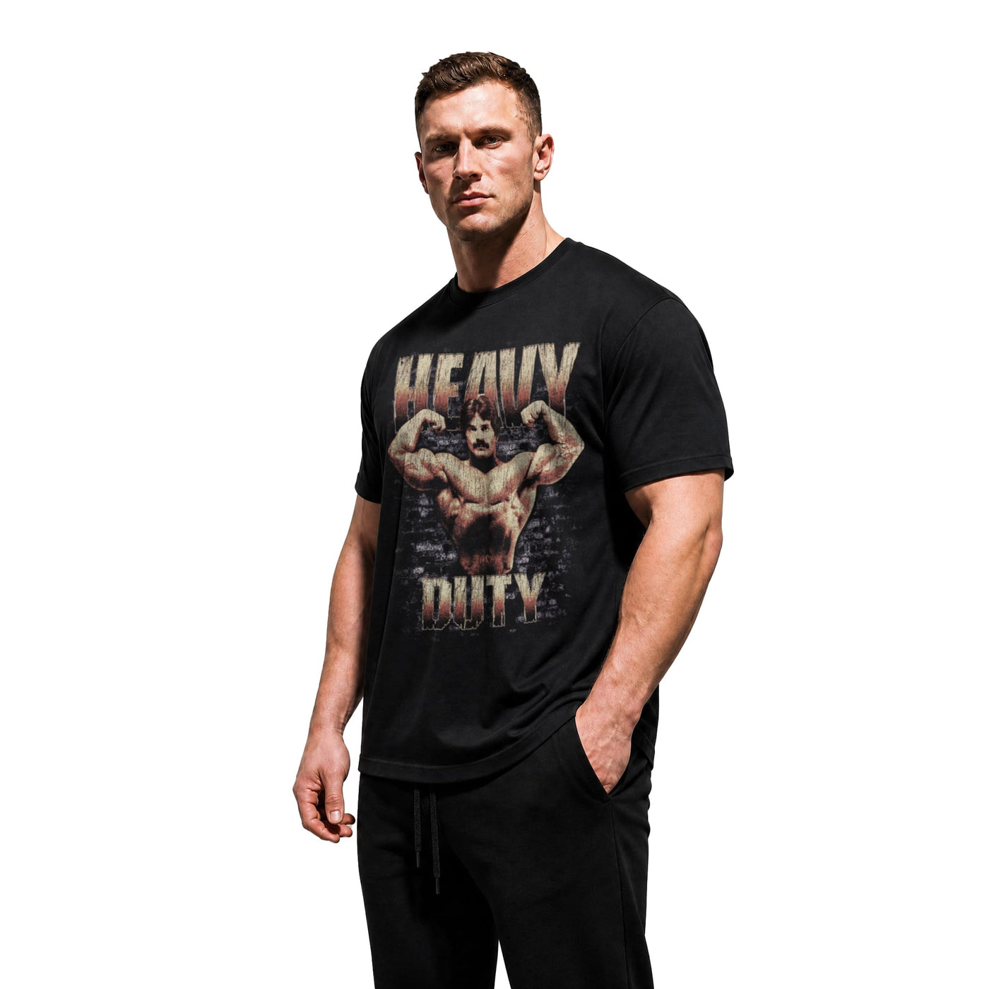 Model wearing Most Natty Heavy Duty bodybuilding t-shirt showing front graphic print