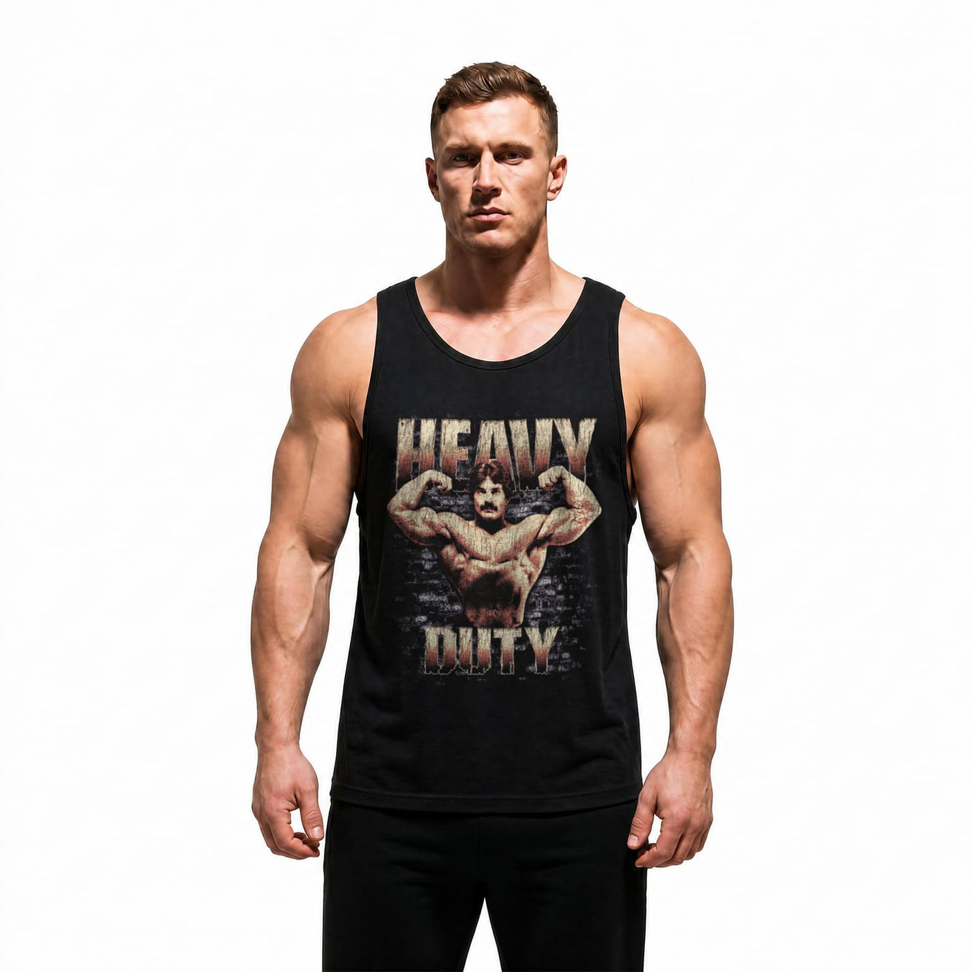 Model wearing Mike Mentzer Heavy Duty bodybuilding tank top showing relaxed standard fit