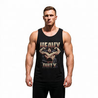 Model wearing Mike Mentzer Heavy Duty bodybuilding tank top showing relaxed standard fit