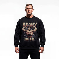 Model wearing Mike Mentzer Heavy Duty bodybuilding pump cover crewneck showing relaxed fit