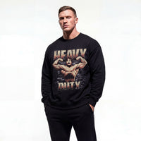 Model wearing Mike Mentzer Heavy Duty bodybuilding pump cover crewneck showing front graphic print