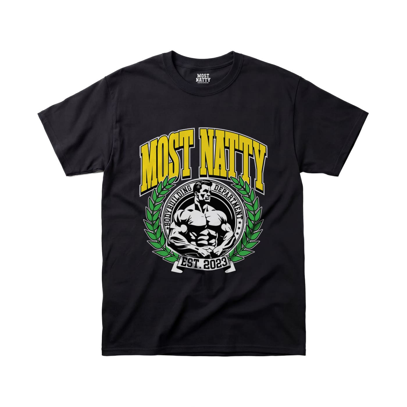Most Natty Most Natty College gym t-shirt front flat lay on white background