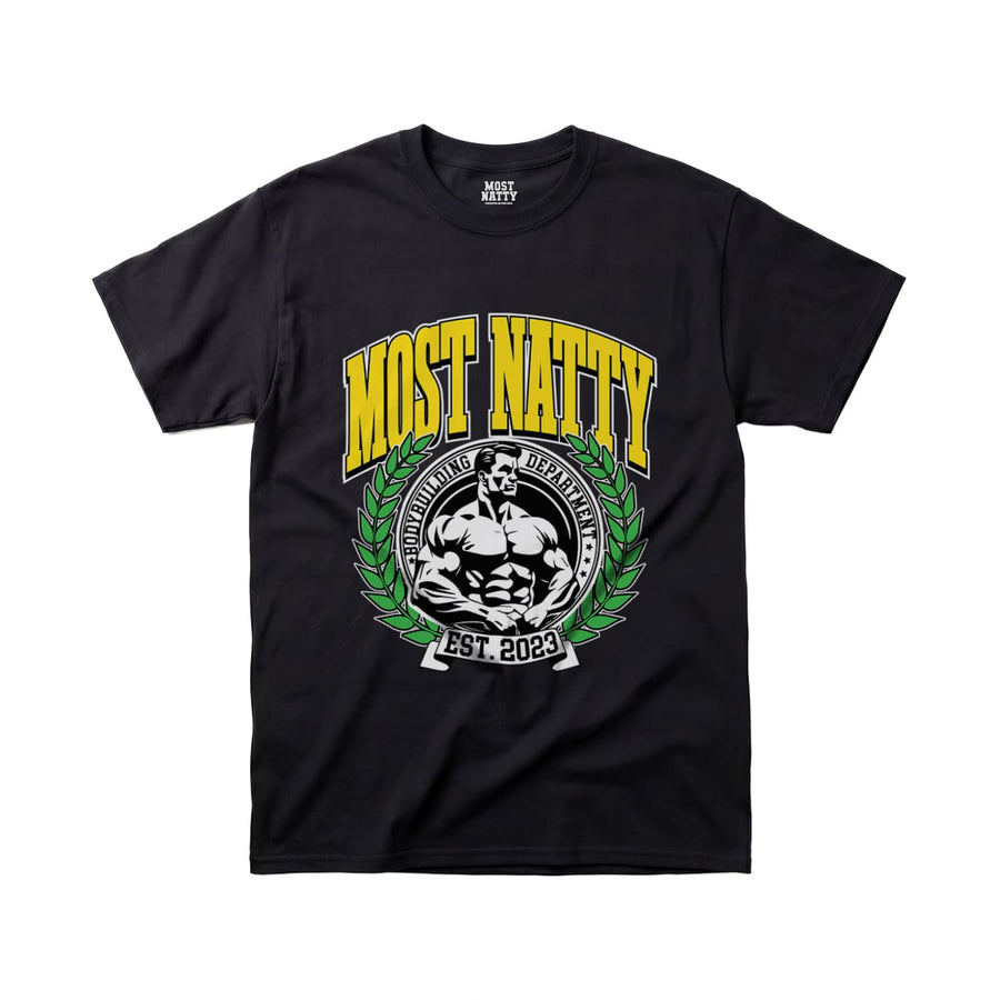 Most Natty Most Natty College gym t-shirt front flat lay on white background