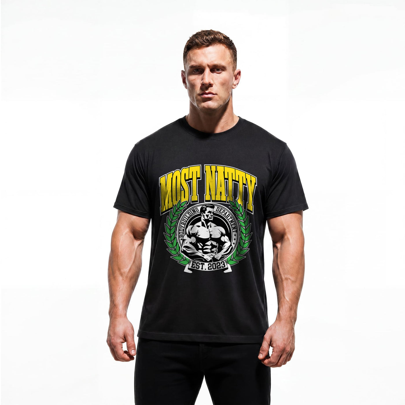 Model wearing Most Natty Most Natty College bodybuilding t-shirt showing relaxed classic fit