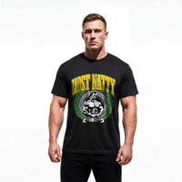 Model wearing Most Natty Most Natty College bodybuilding t-shirt showing relaxed classic fit