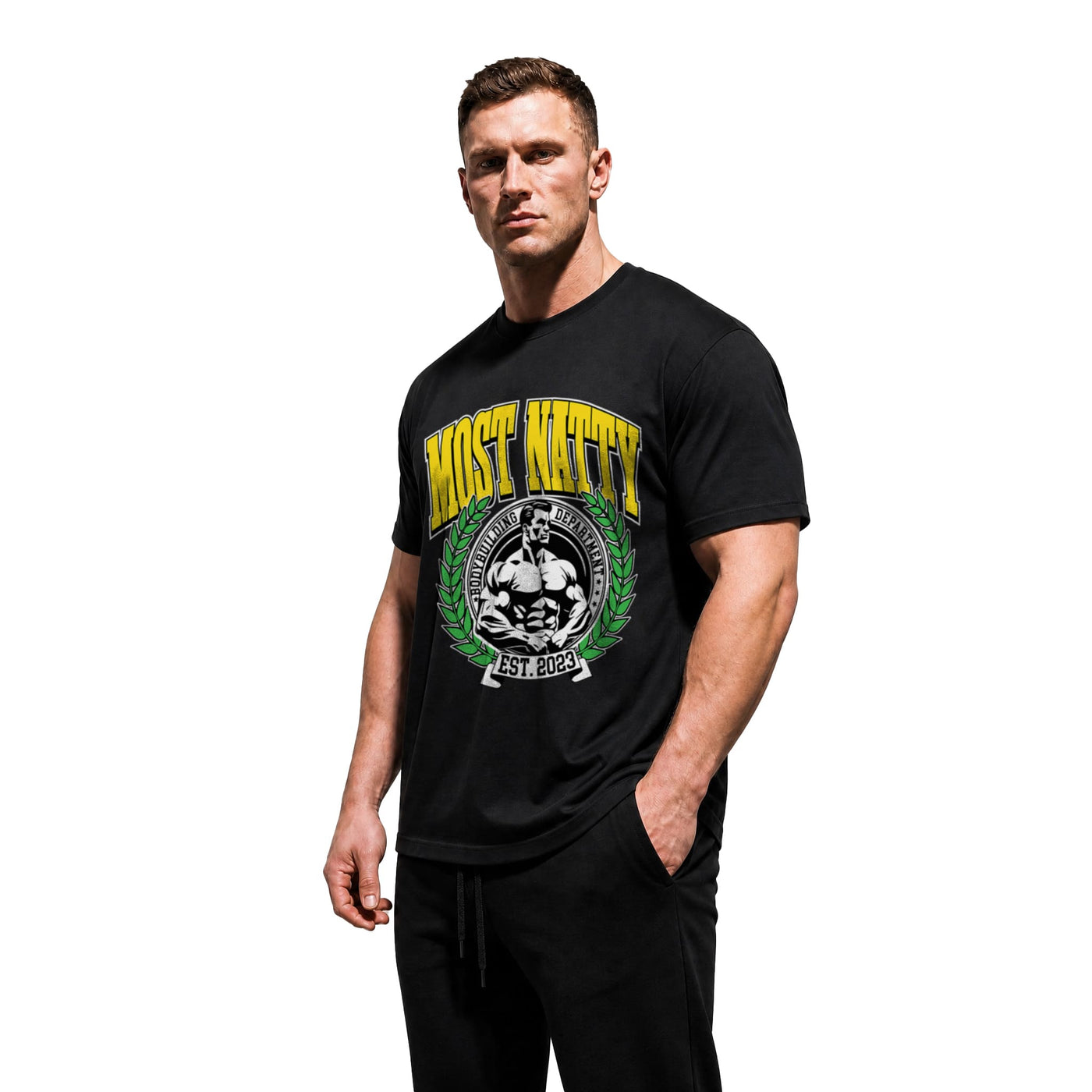 Model wearing Most Natty Most Natty College bodybuilding t-shirt showing front graphic print