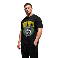 Model wearing Most Natty Most Natty College bodybuilding t-shirt showing front graphic print