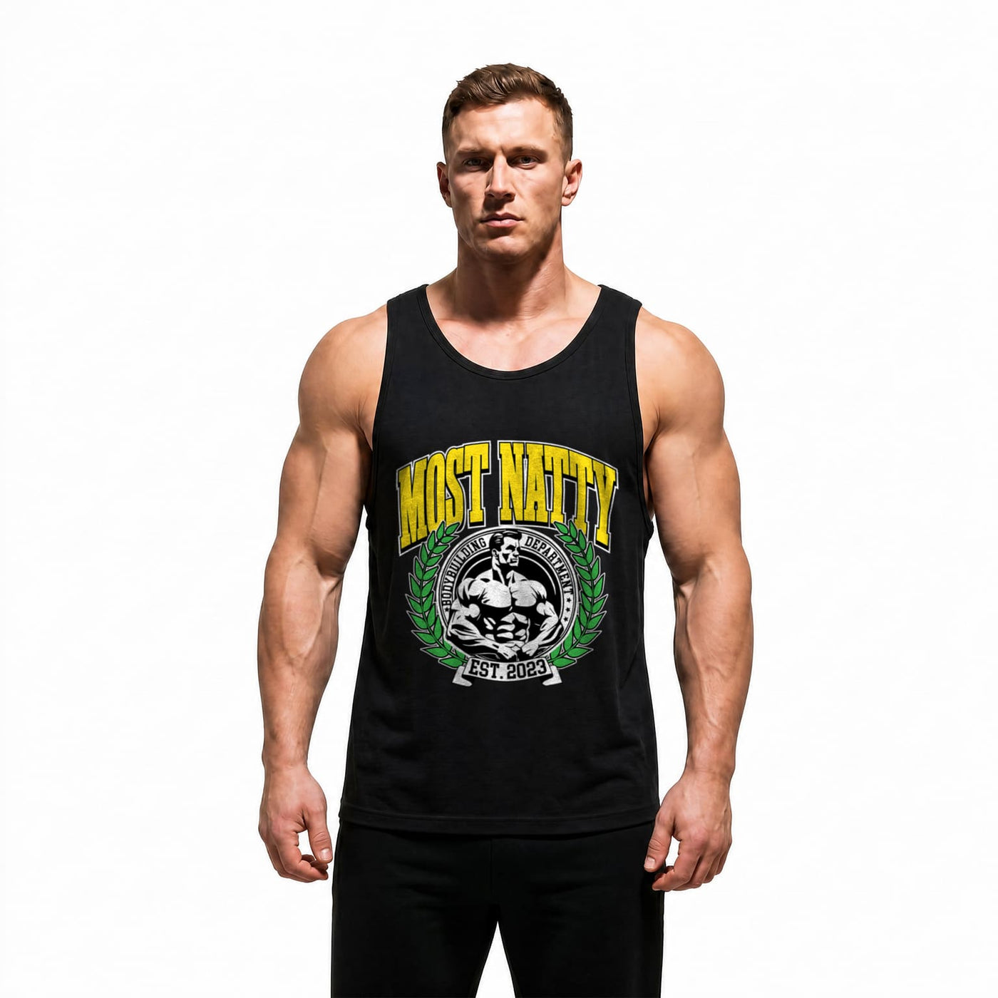 Model wearing Most Natty Most Natty College bodybuilding tank top showing relaxed standard fit