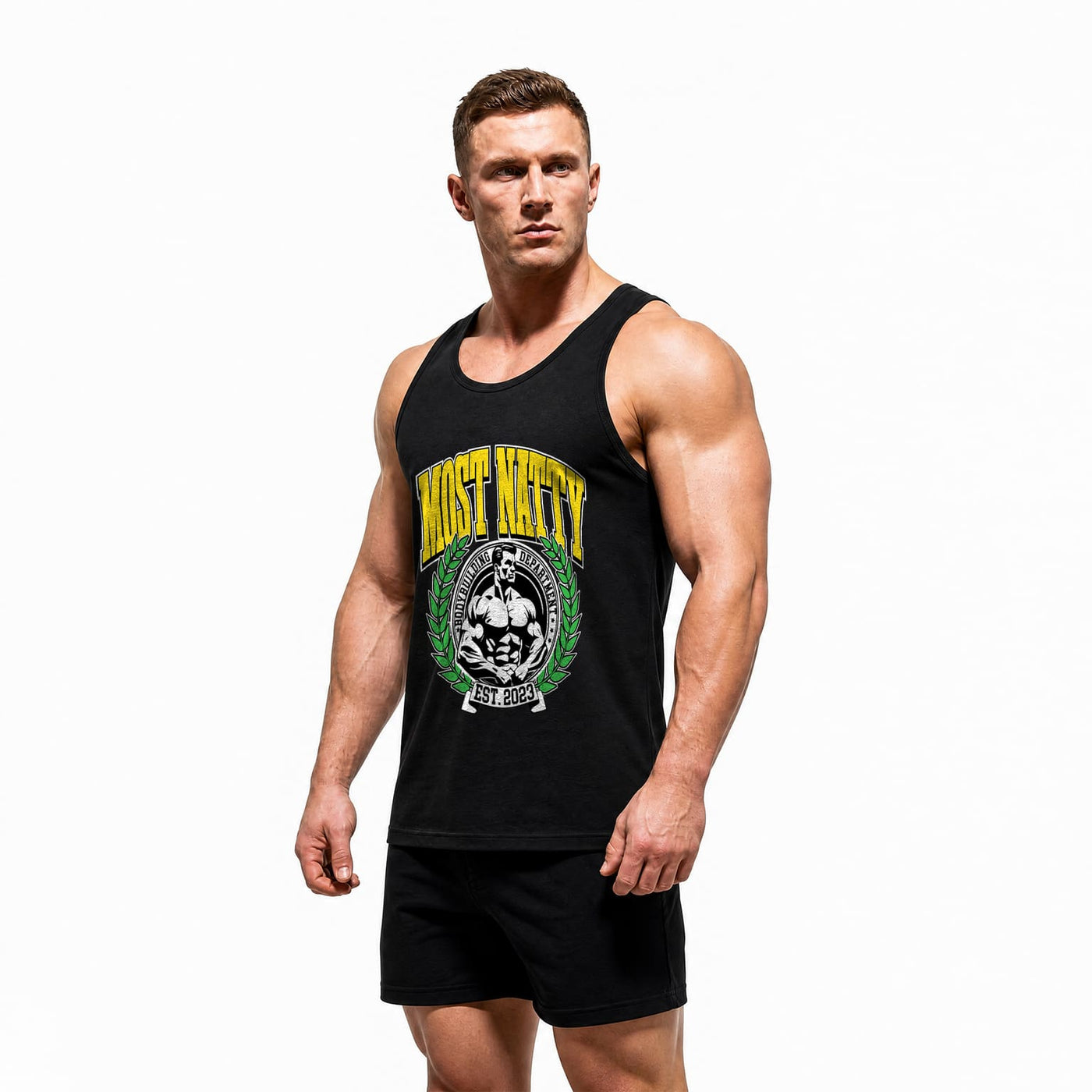 Model wearing Most Natty Most Natty College bodybuilding tank top showing front graphic print