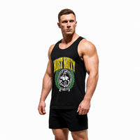Model wearing Most Natty Most Natty College bodybuilding tank top showing front graphic print