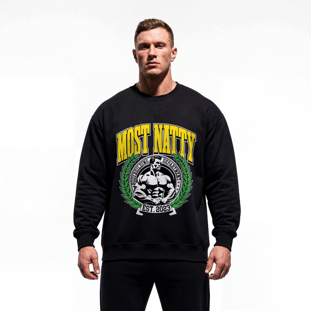 Model wearing Most Natty College bodybuilding pump cover crewneck showing relaxed fit