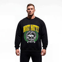 Model wearing Most Natty College bodybuilding pump cover crewneck showing relaxed fit