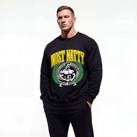 Model wearing Most Natty College bodybuilding pump cover crewneck showing front graphic print