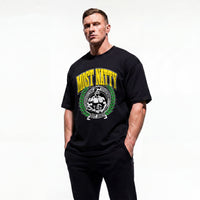 Model wearing Most Natty Most Natty College bodybuilding oversized t-shirt showing front graphic print