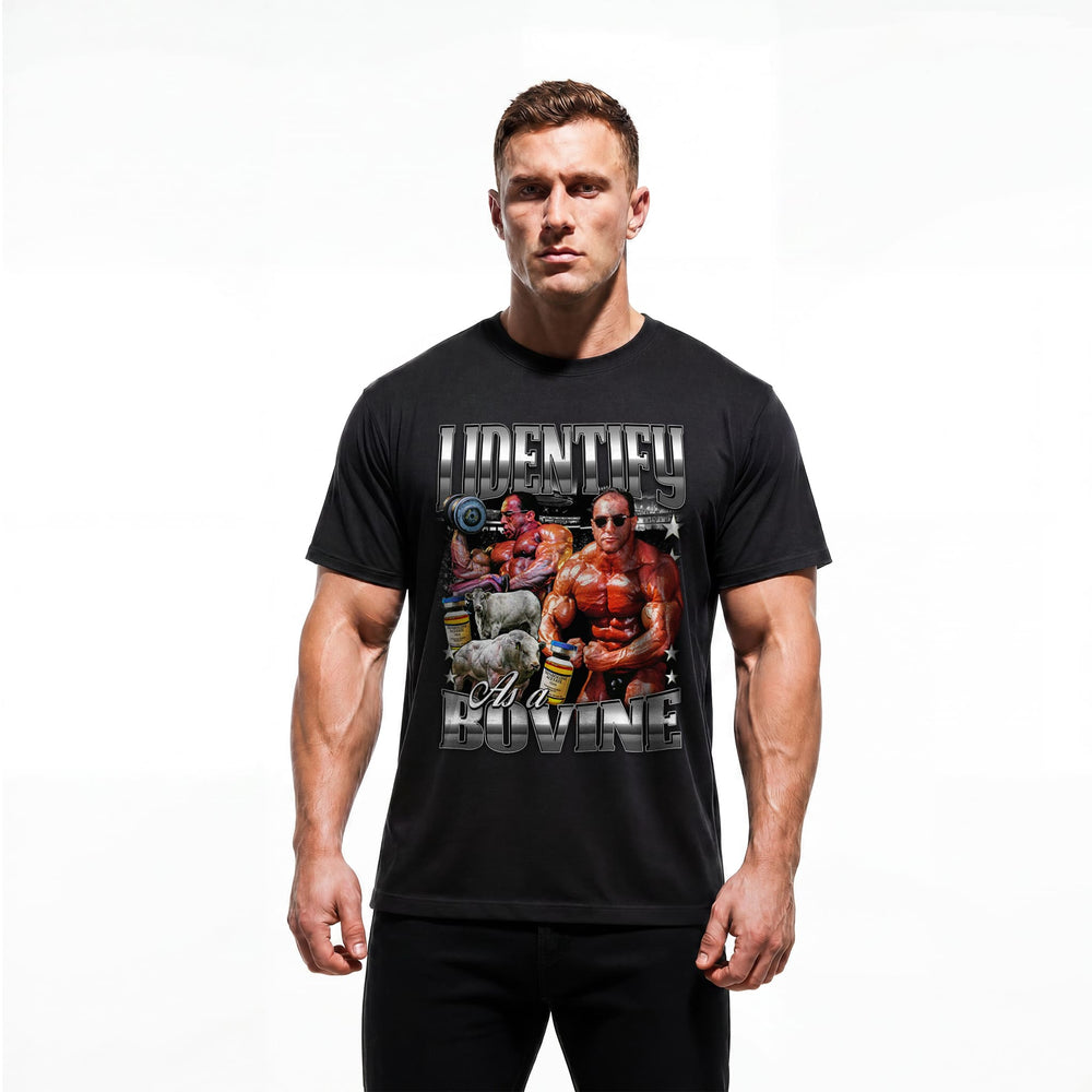 Model wearing Most Natty I Identify As A Bovine bodybuilding t-shirt showing relaxed classic fit