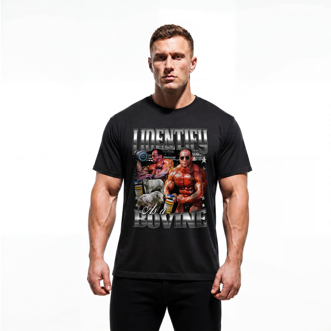 Model wearing Most Natty I Identify As A Bovine bodybuilding t-shirt showing relaxed classic fit