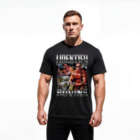 Model wearing Most Natty I Identify As A Bovine bodybuilding t-shirt showing relaxed classic fit