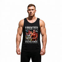Model wearing Most Natty I Identify As A Bovine bodybuilding tank top showing relaxed standard fit