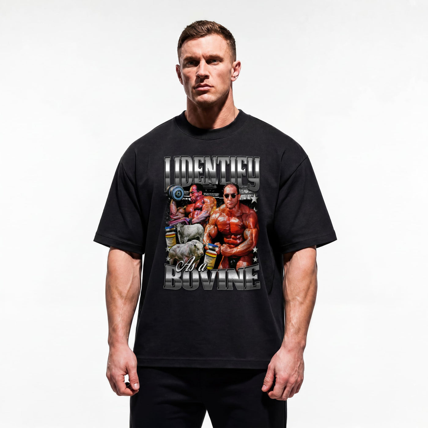 Model wearing Most Natty I Identify As A Bovine bodybuilding oversized t-shirt showing relaxed drop-shoulder fit
