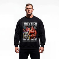 Model wearing Nasser El Sonbaty I Identify As A Bovine bodybuilding pump cover crewneck showing relaxed fit