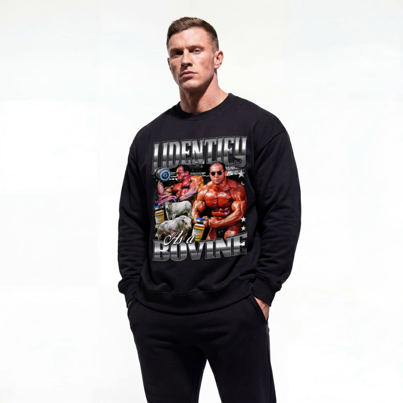 Model wearing Nasser El Sonbaty I Identify As A Bovine bodybuilding pump cover crewneck showing front graphic print