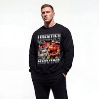 Model wearing Nasser El Sonbaty I Identify As A Bovine bodybuilding pump cover crewneck showing front graphic print