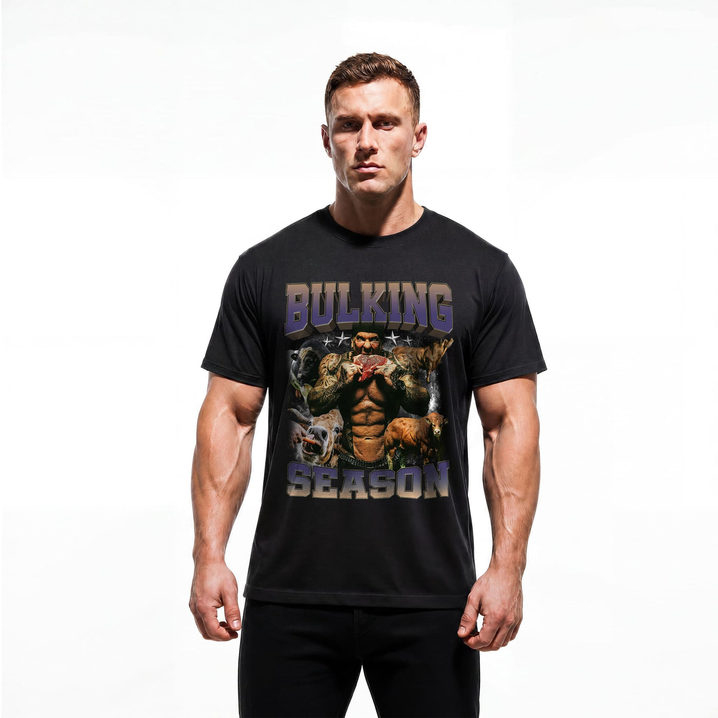 Model wearing Most Natty Bulking Season bodybuilding t-shirt featuring Rich Piana showing relaxed classic fit