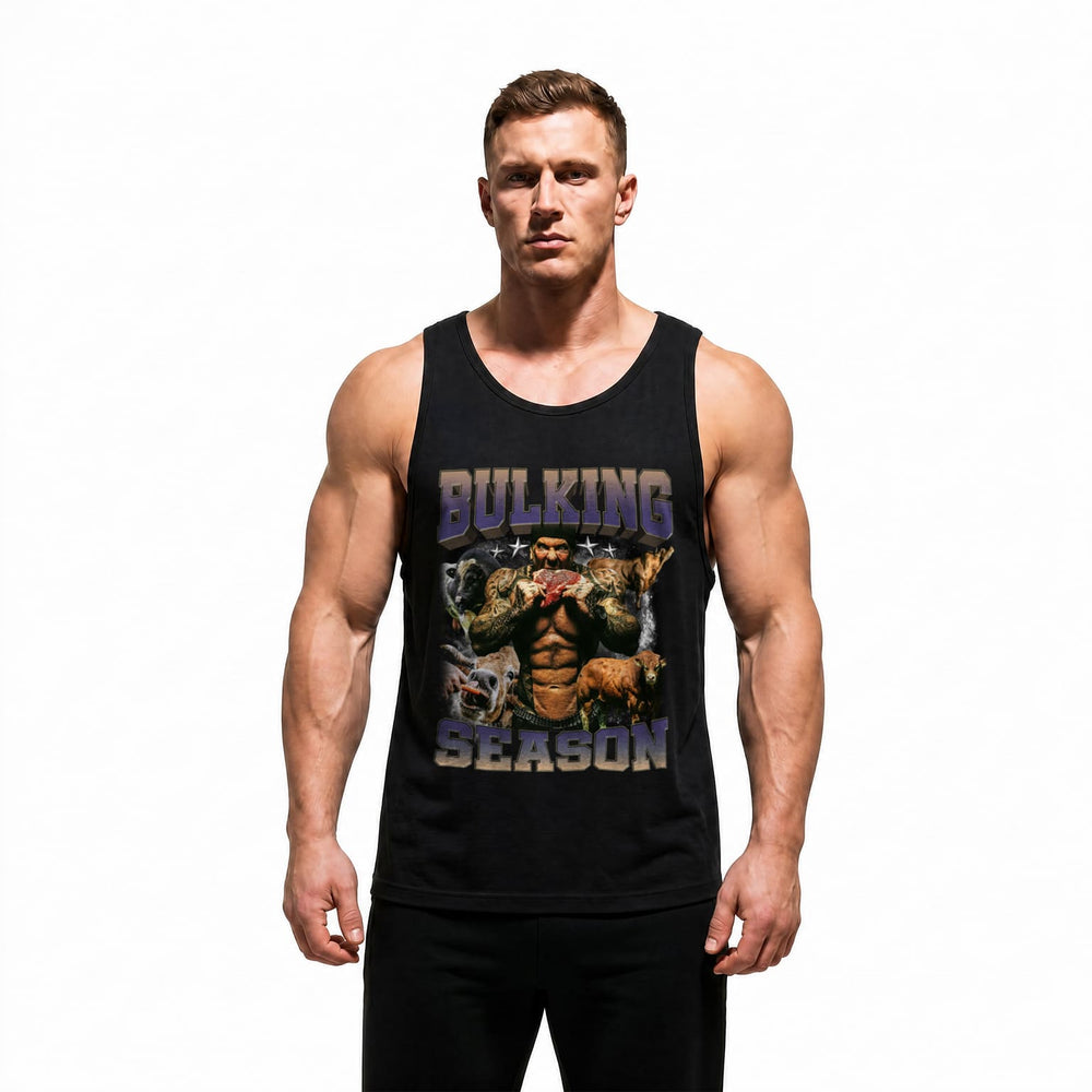 Model wearing Most Natty Bulking Season bodybuilding tank top showing relaxed standard fit