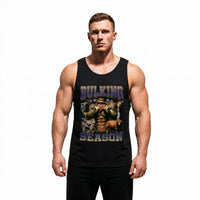 Model wearing Most Natty Bulking Season bodybuilding tank top showing relaxed standard fit