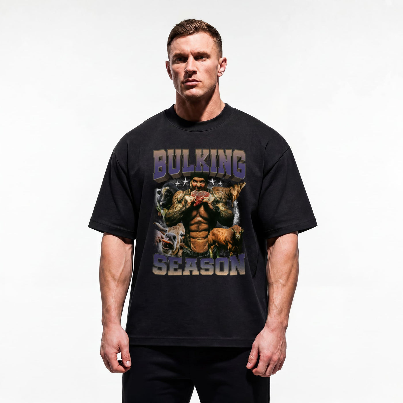 Model wearing Rich Piana Bulking Season bodybuilding oversized t-shirt showing relaxed drop-shoulder fit
