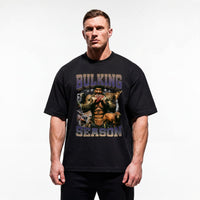 Model wearing Rich Piana Bulking Season bodybuilding oversized t-shirt showing relaxed drop-shoulder fit
