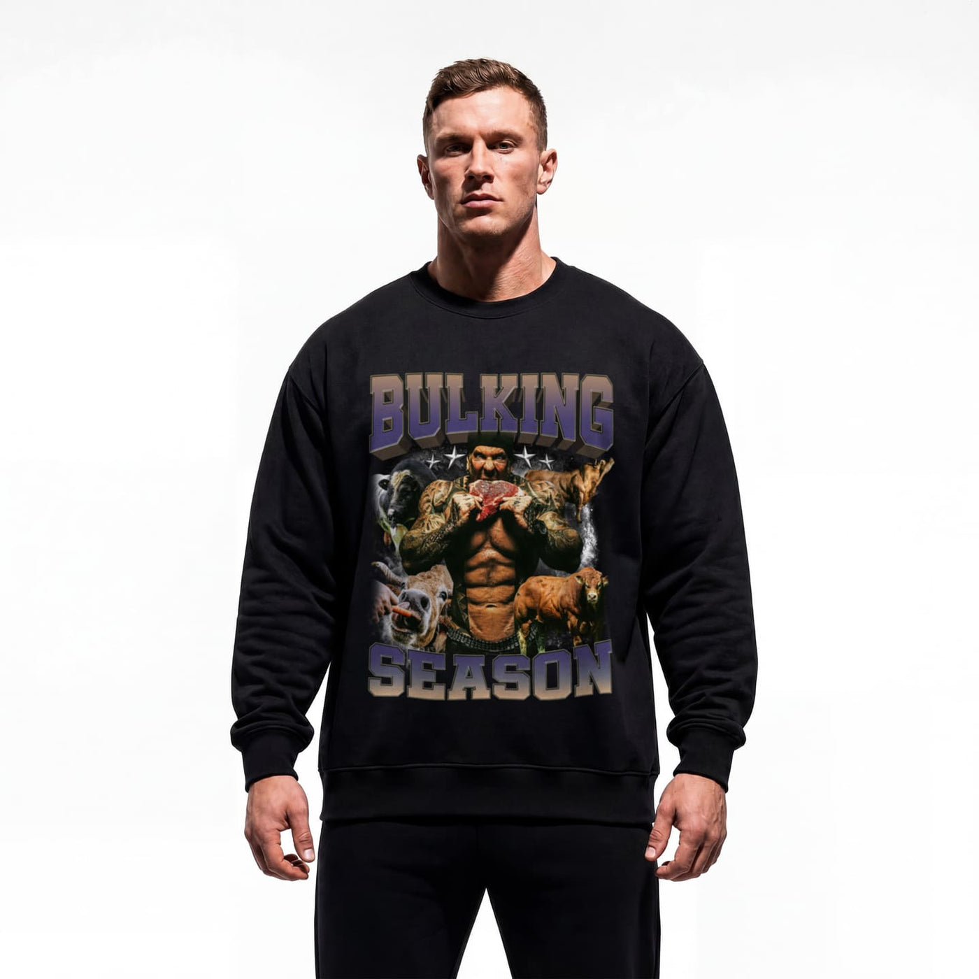 Model wearing Rich Piana Bulking Season bodybuilding pump cover crewneck showing relaxed fit