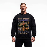 Model wearing Rich Piana Bulking Season bodybuilding pump cover crewneck showing relaxed fit